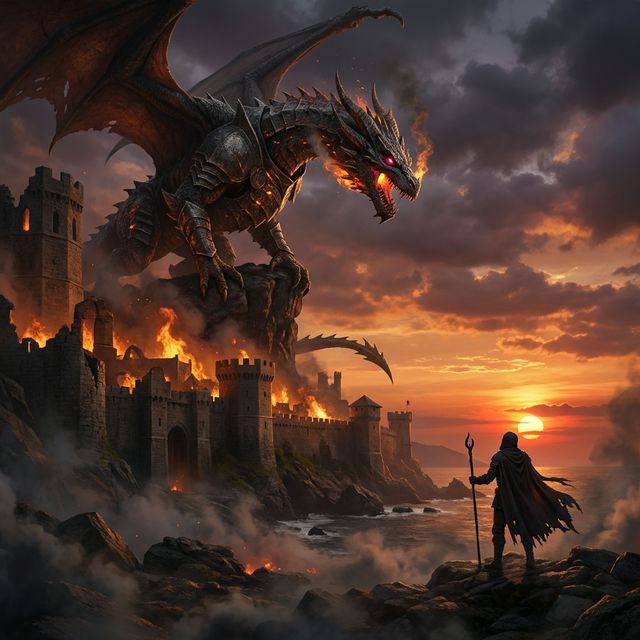 Ancient Dragon over Burning City